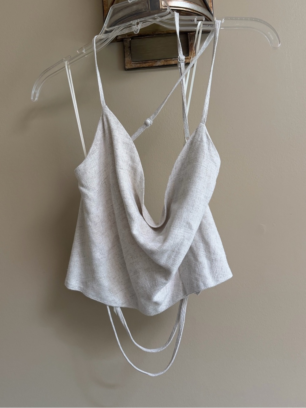 Draped Cowl Neck Linen-Blend Cami Top in Natural
